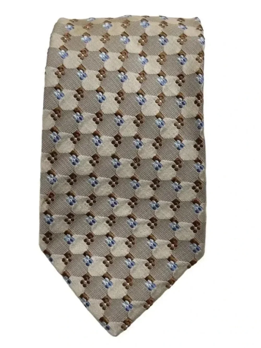Ermenegildo Zegna 100% Silk Tie Tan Blue Geometric Made in Italy 60